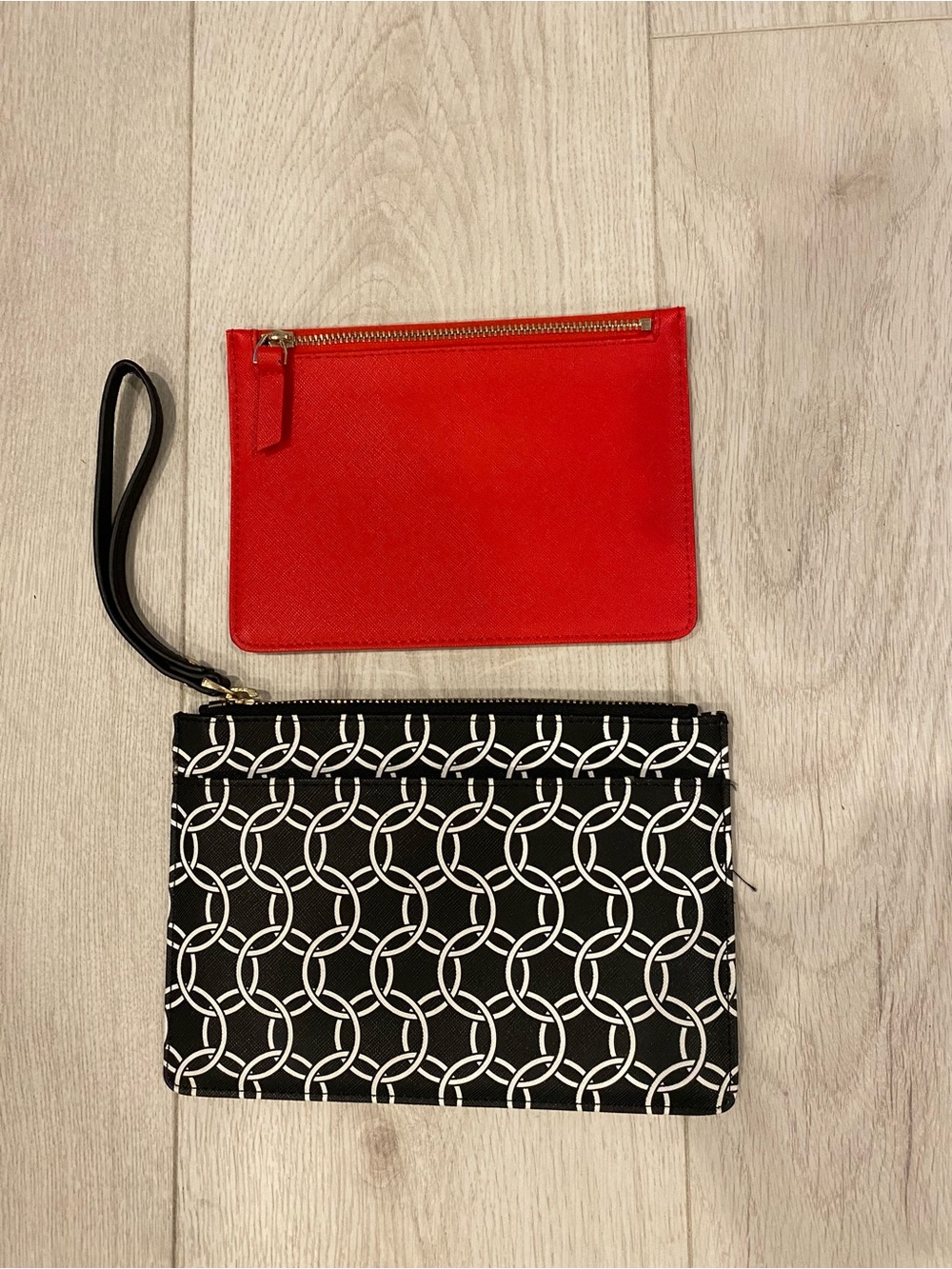 NWOT Chico's Black & White patterned Wristlet and red envelope style pouch